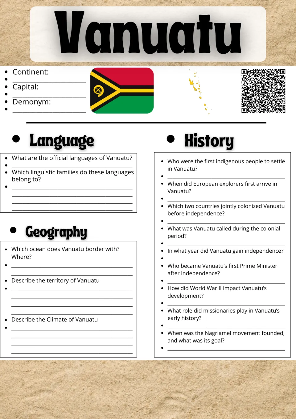 Vanuatu research sheet with flag and map: students answer questions on language, geography and history to independence