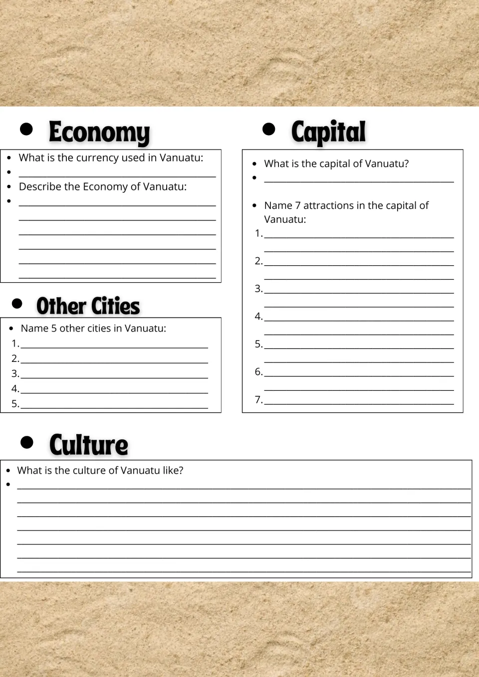 Vanuatu economy and culture research: students note the currency, list 5 other cities and name 7 attractions in the capital