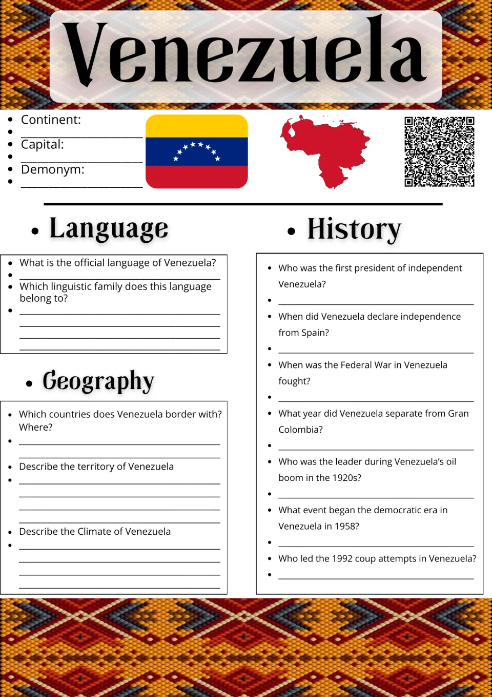 Venezuela research sheet: students note capital and demonym, then answer language, geography and history questions