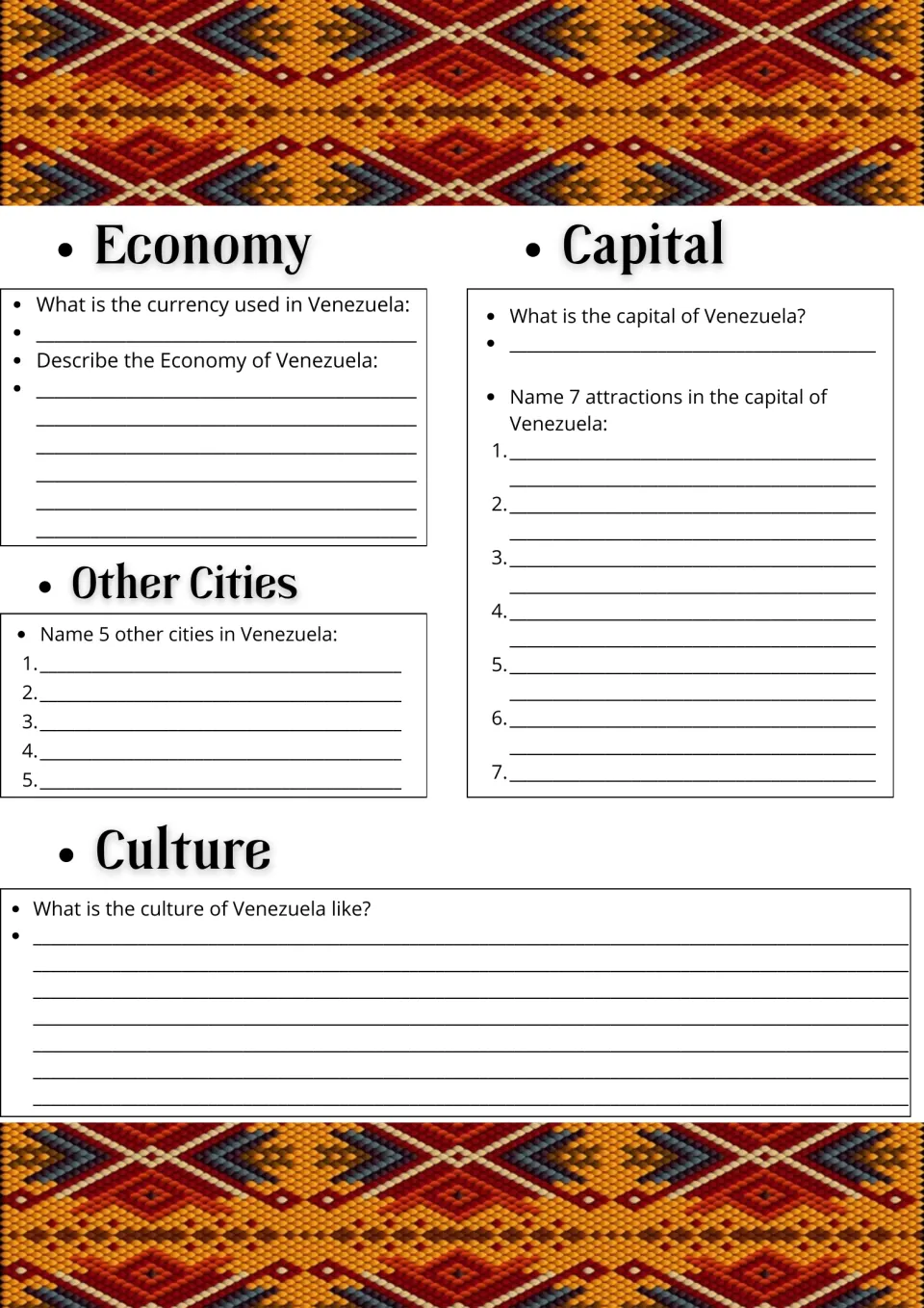 Economy, cities, capital and culture of Venezuela: students name the currency, list 5 cities and 7 sights in the capital