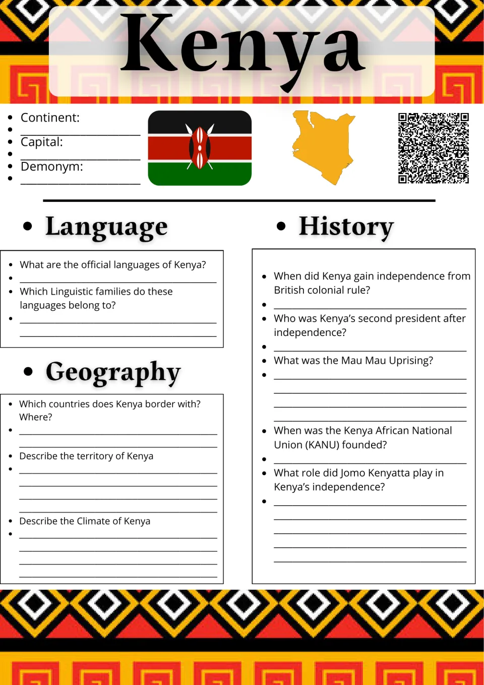Kenya research worksheet, part 1: continent, capital, demonym, official languages, geography, and history.
