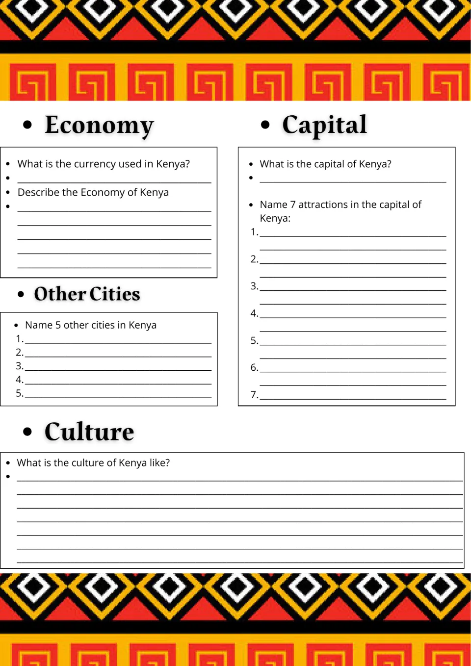 Kenya research worksheet, part 2: currency, economy, seven capital attractions, five other cities, and culture.