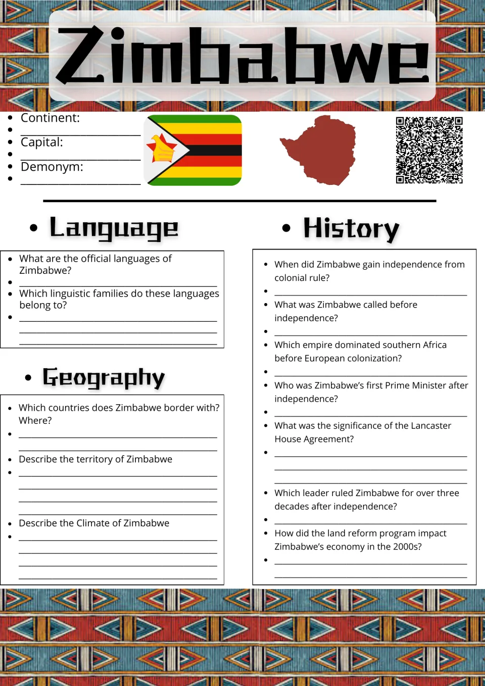 Zimbabwe country research: students record capital and demonym, then answer language, geography and history questions