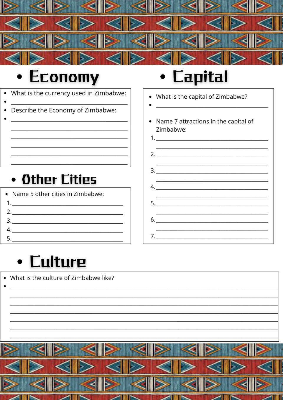 Zimbabwe economy and culture research: students name the currency, 5 other cities and 7 attractions in the capital city