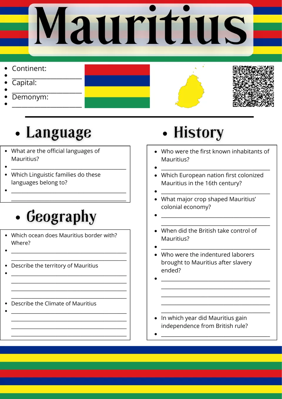 Mauritius research worksheet, page 1: country facts, flag, map, language, geography, and history questions