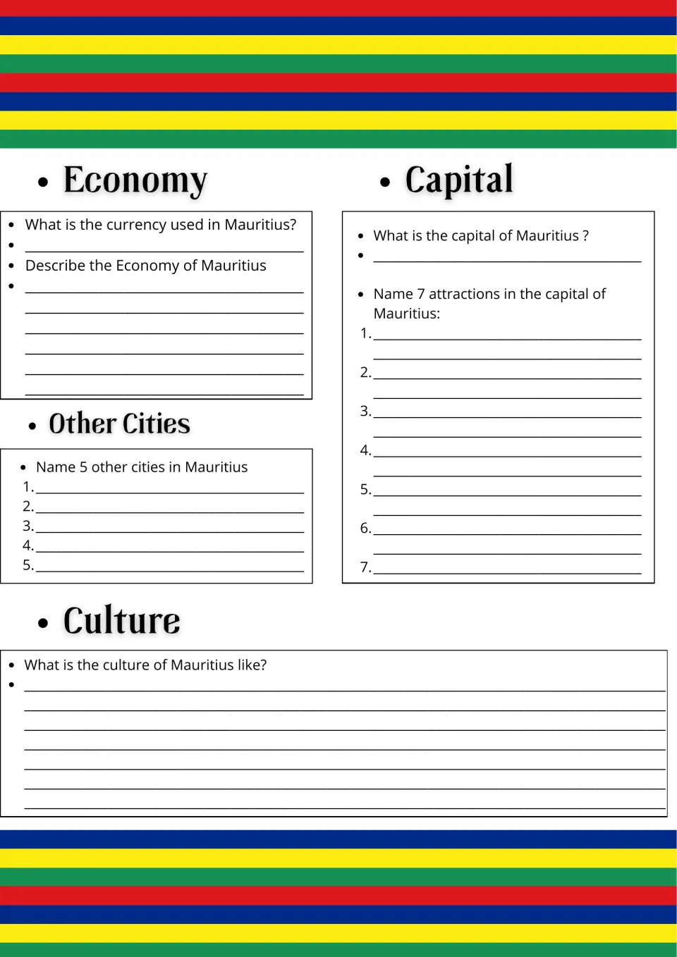 Mauritius research worksheet, page 2: economy, capital attractions, five other cities, and culture questions
