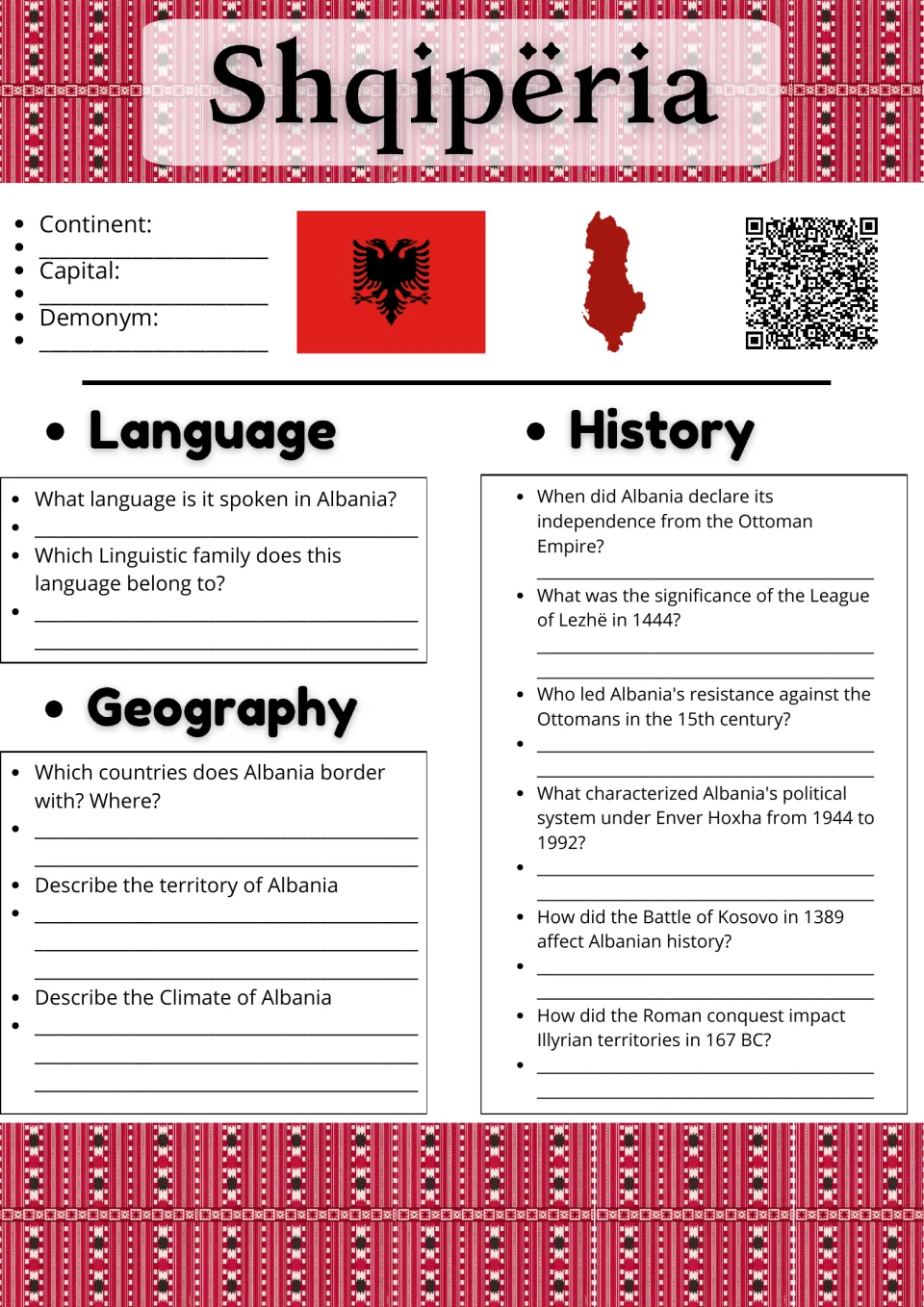 Albania country sheet: students record capital and demonym, then answer language, geography and history questions