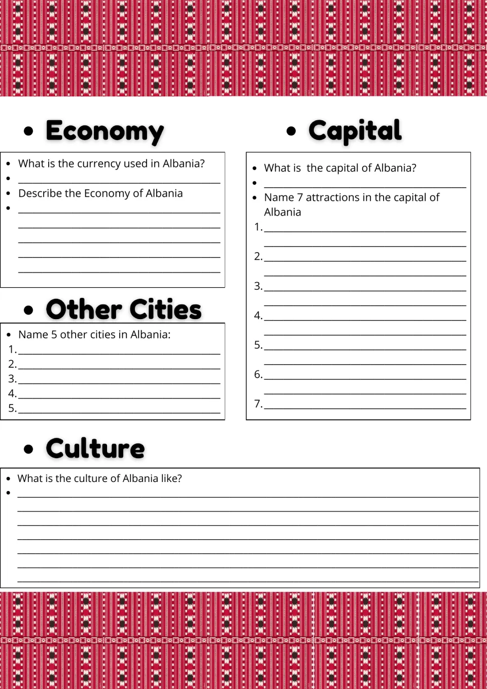 Albania economy and culture: students name the currency, describe the economy, list 5 cities and 7 sights in the capital
