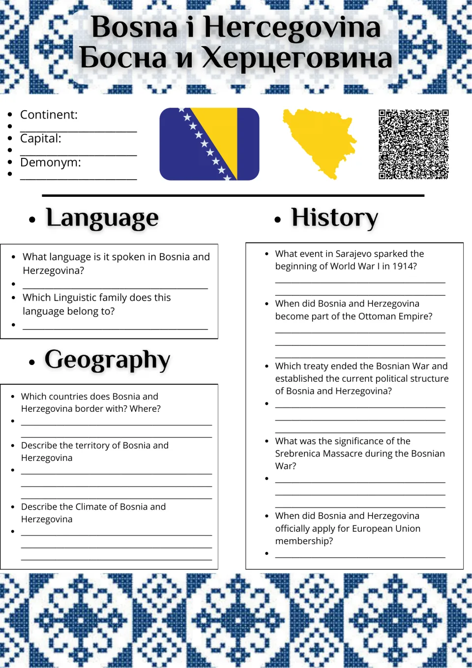 Bosnia and Herzegovina profile: students record capital and demonym and answer language, geography and history questions