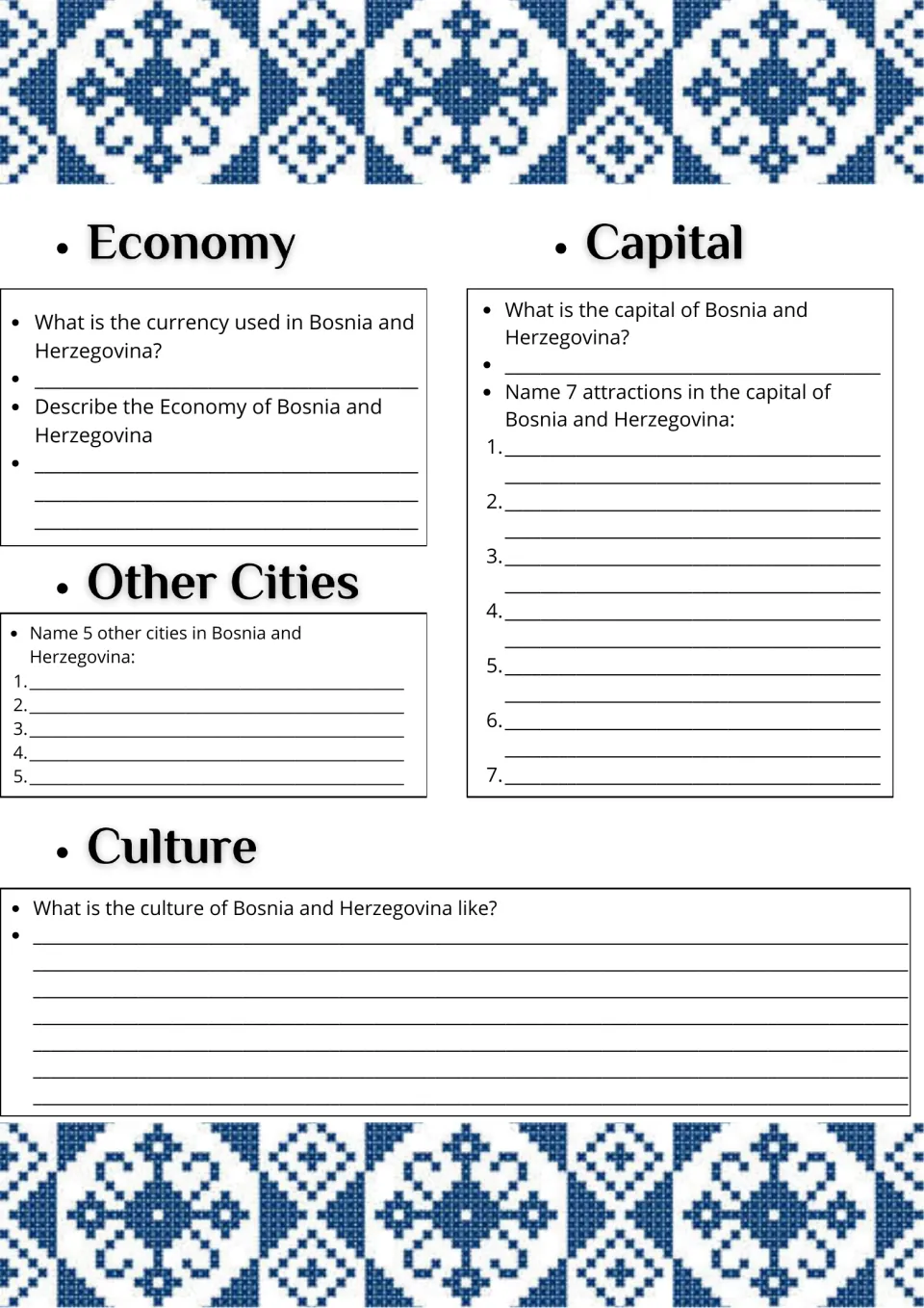 Bosnian economy and culture: students name the currency, 5 other cities and 7 capital attractions, then write about culture