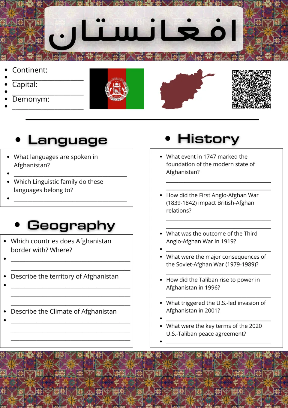 Afghanistan country study: students fill in capital and demonym, then answer language, geography and history questions