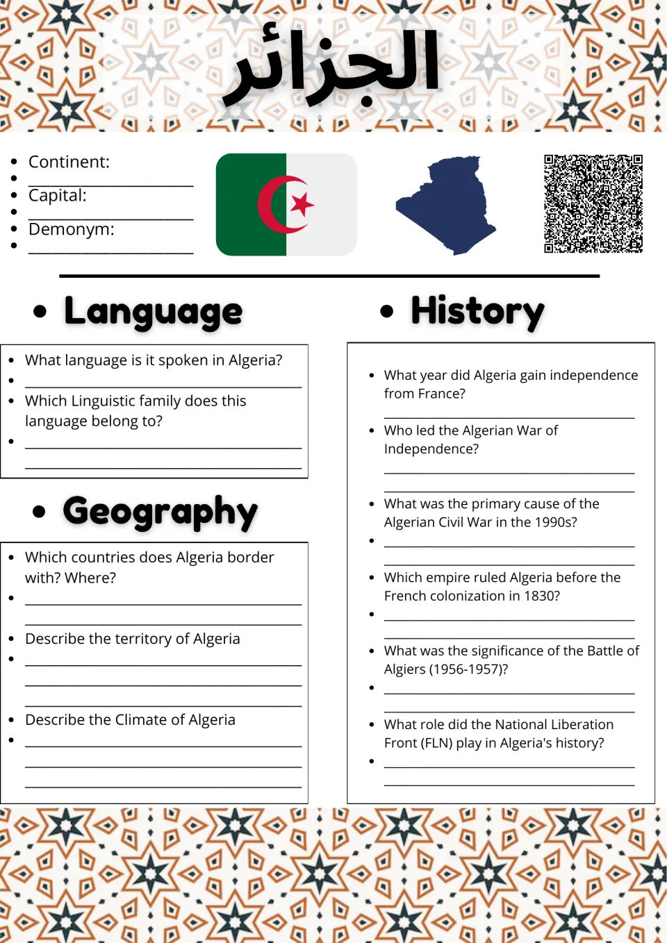 Algeria country study: students note capital and demonym, then answer language, geography and history questions