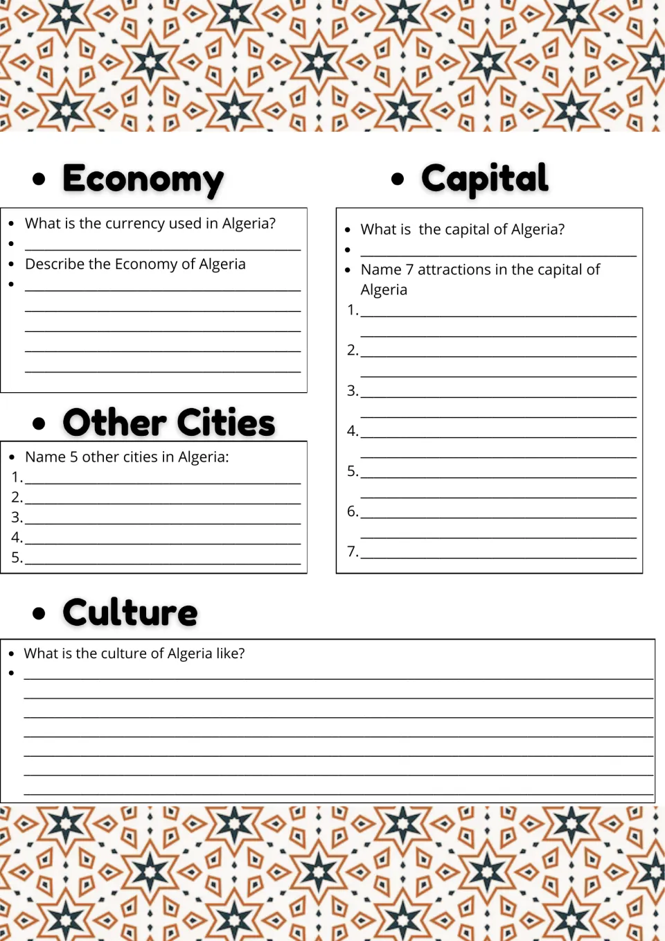 Algeria economy and culture: students name the currency, 5 other cities and 7 capital attractions, and describe culture
