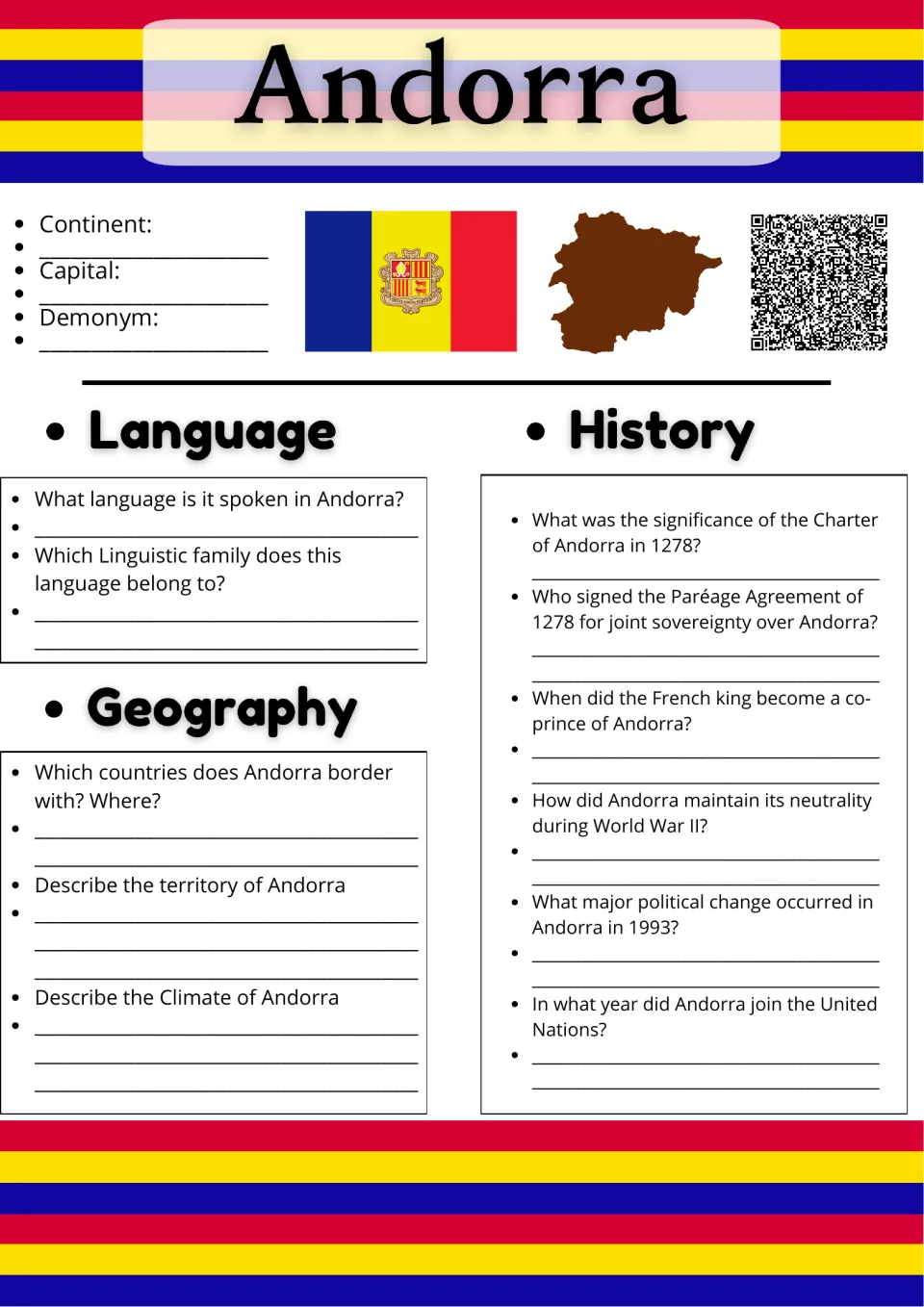 Andorra country study: students note capital and demonym, then answer language, geography and history questions
