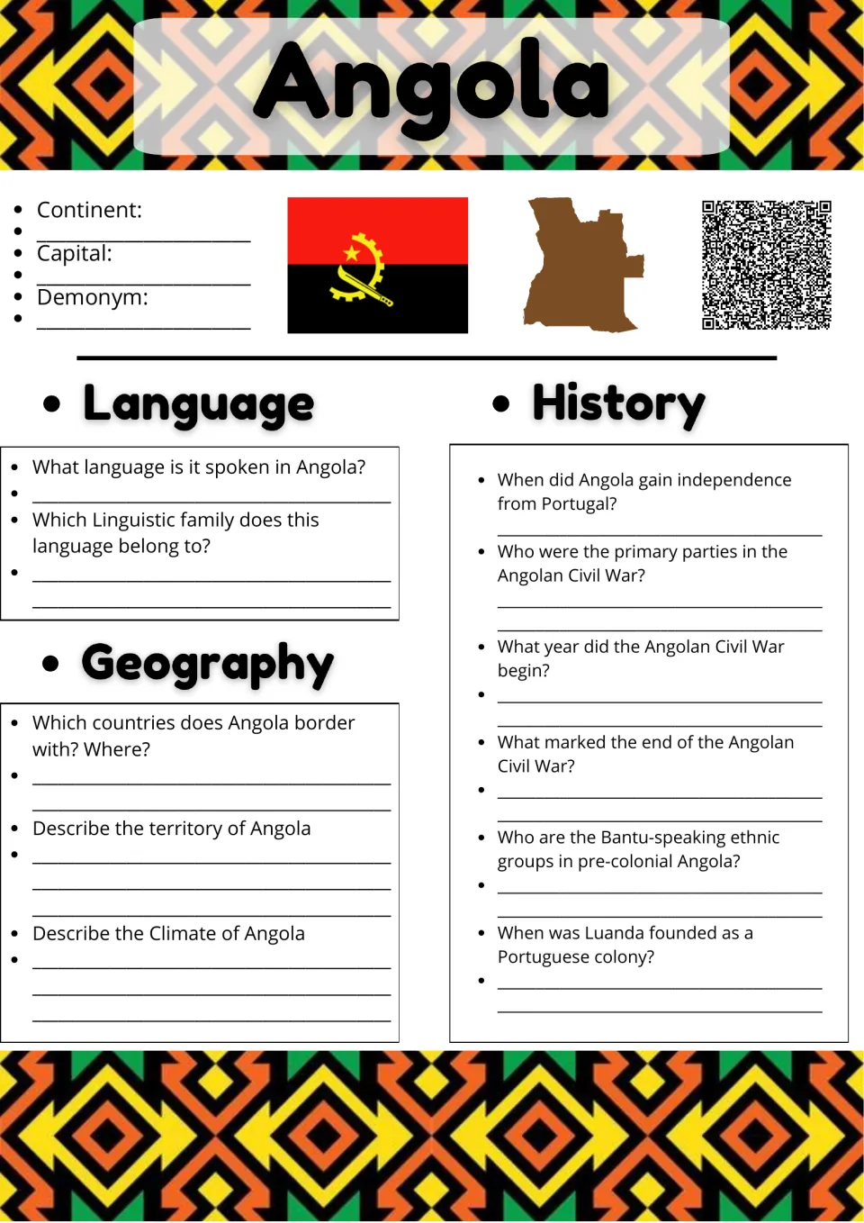 Angola country study: students note continent and capital, then research its language, geography, civil war and history