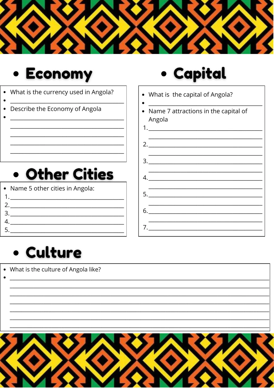 Angola economy and culture: students name the currency, describe economic life, list 5 cities and 7 sights in the capital
