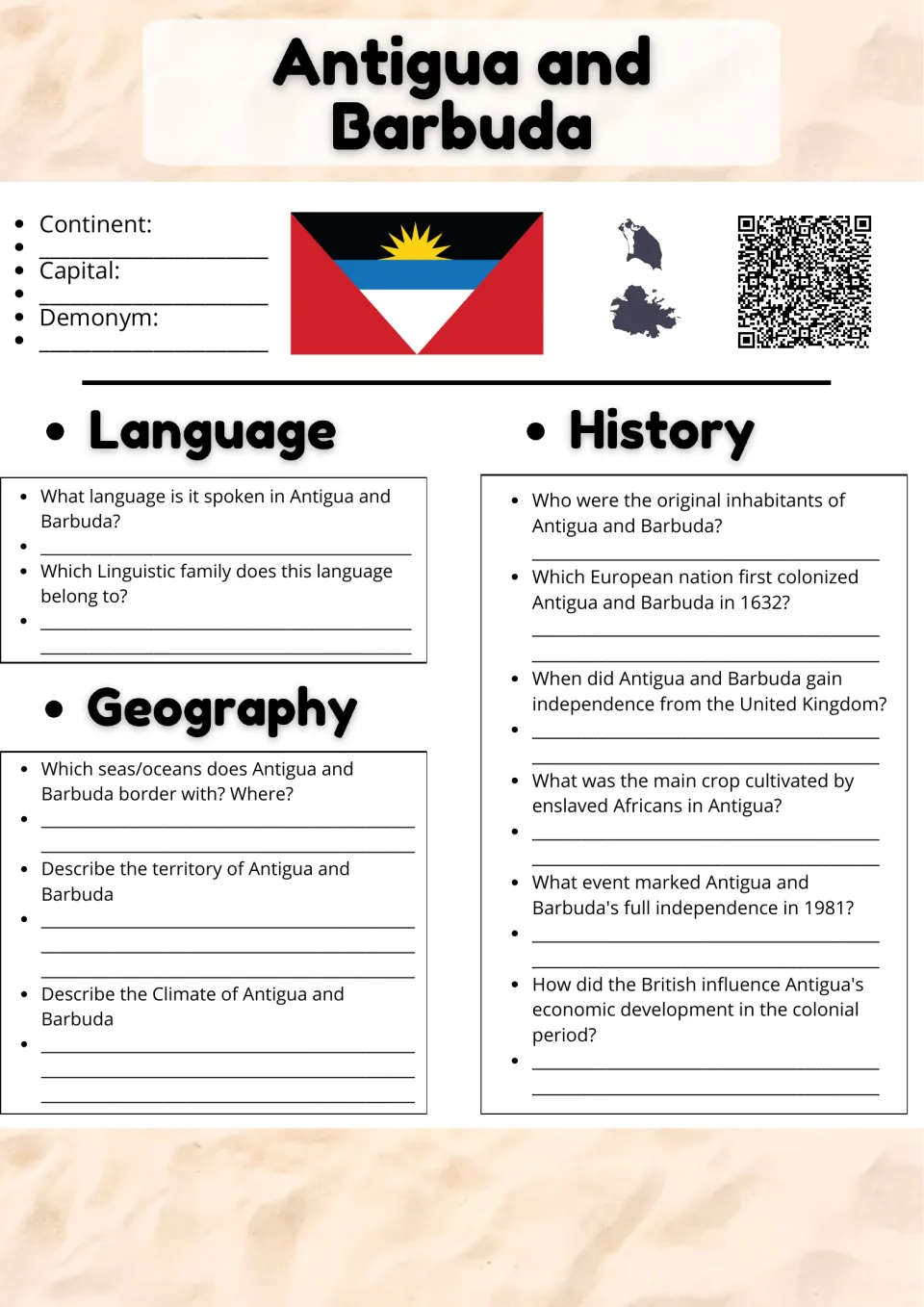 Country study page 1: Antigua and Barbuda's continent, capital, demonym, language, geography, and history.