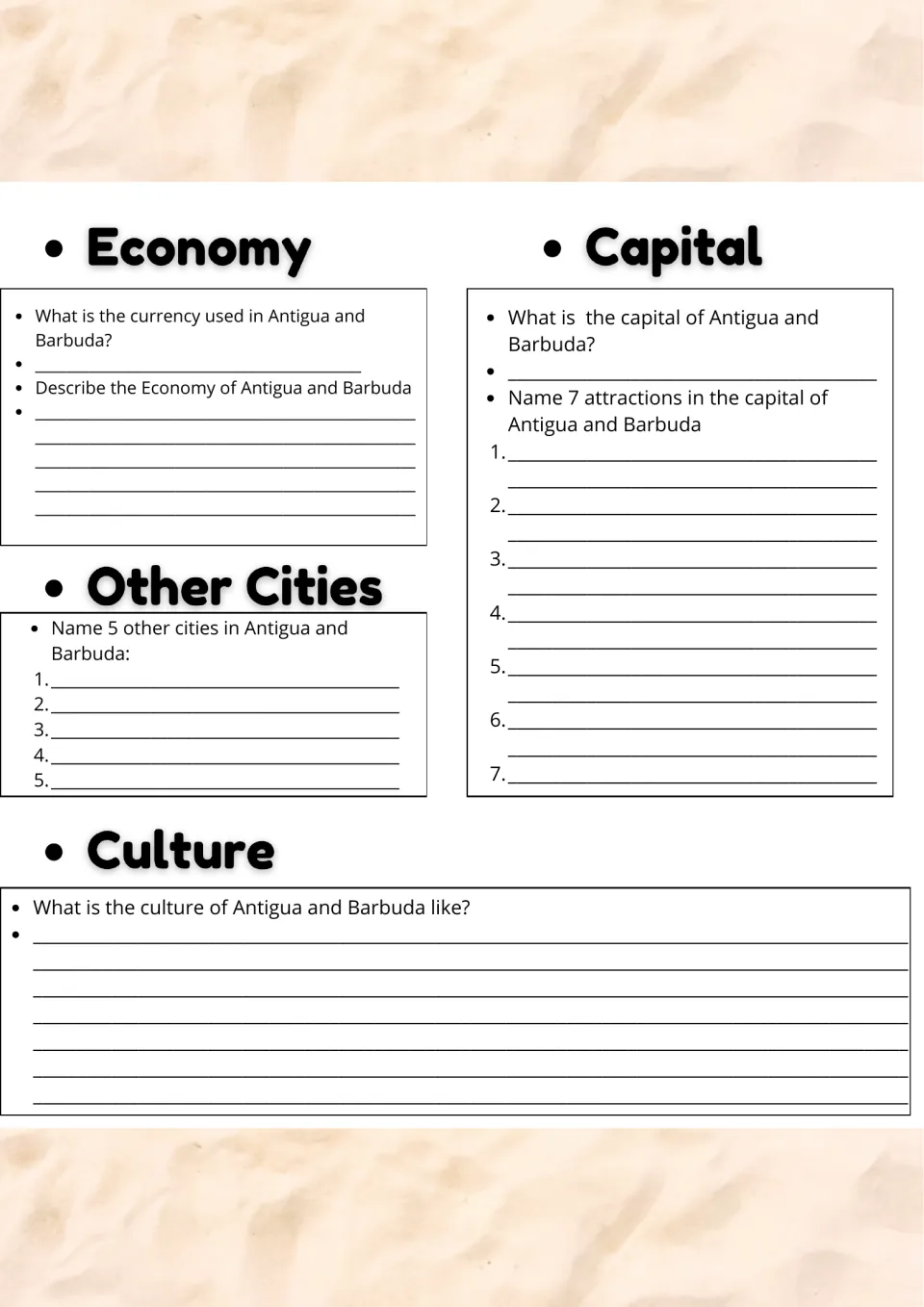 Country study page 2: Antigua and Barbuda's economy, capital attractions, five other cities, and culture.