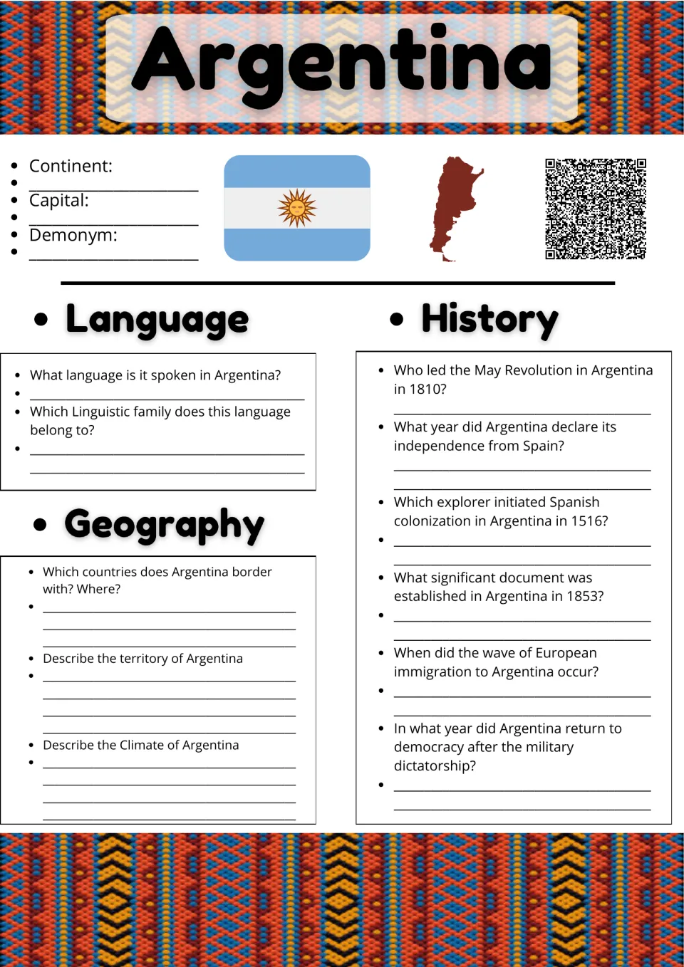 Argentina country study: students note capital and demonym, then research language, geography and history questions