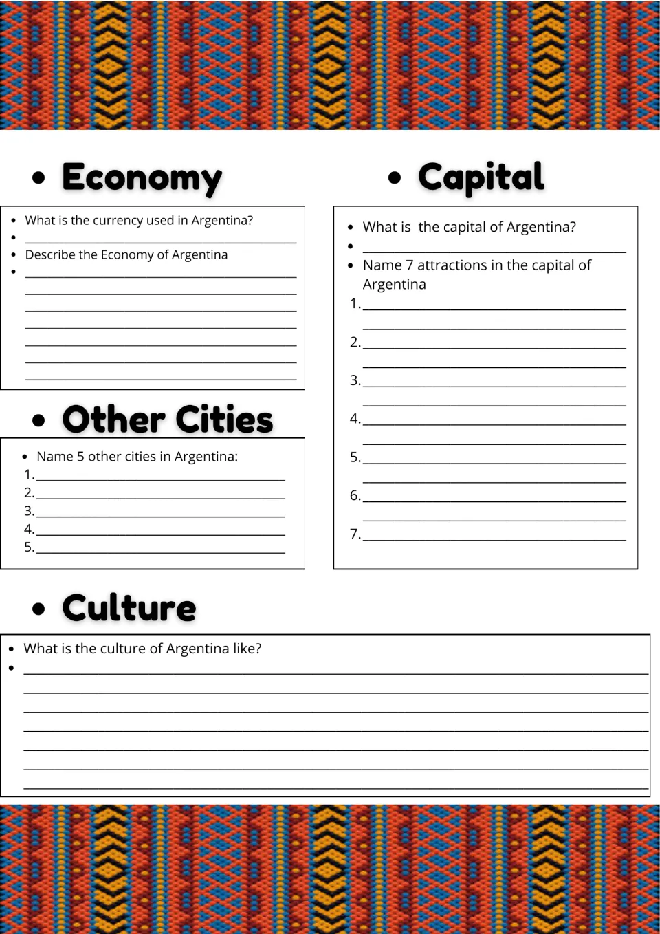 Argentina economy and culture: students research the currency, name 5 cities and list 7 attractions in the capital
