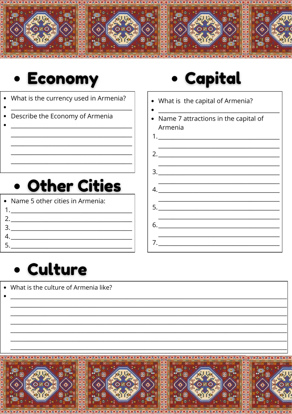 Armenia country study page 2: questions on currency, economy, seven capital attractions, five cities, and culture
