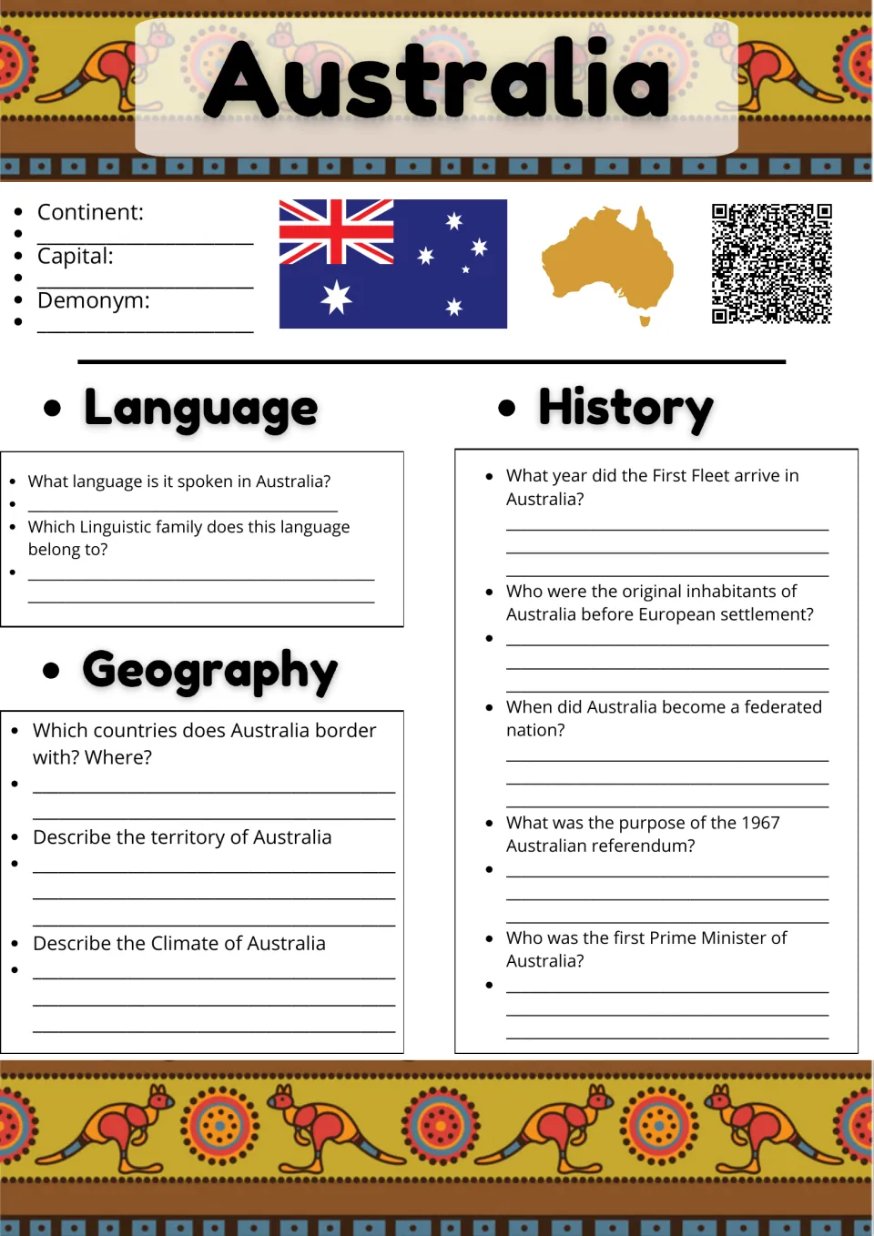 Australia country study: students answer language, geography and history questions, from the First Fleet to federation