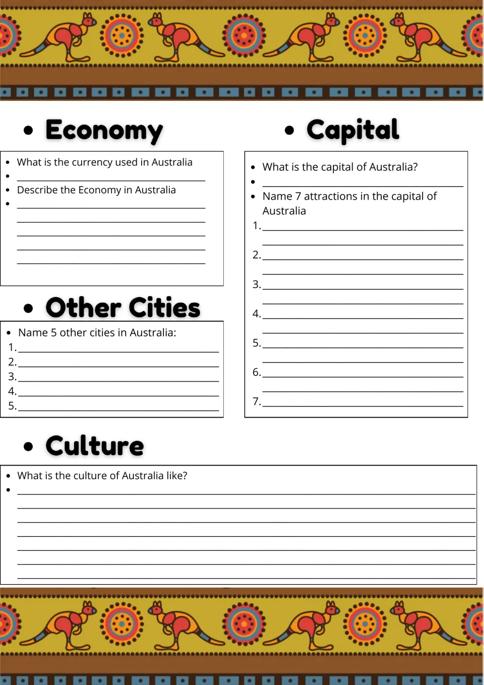Australia economy, capital and culture: students name the currency, 7 capital attractions and 5 other cities