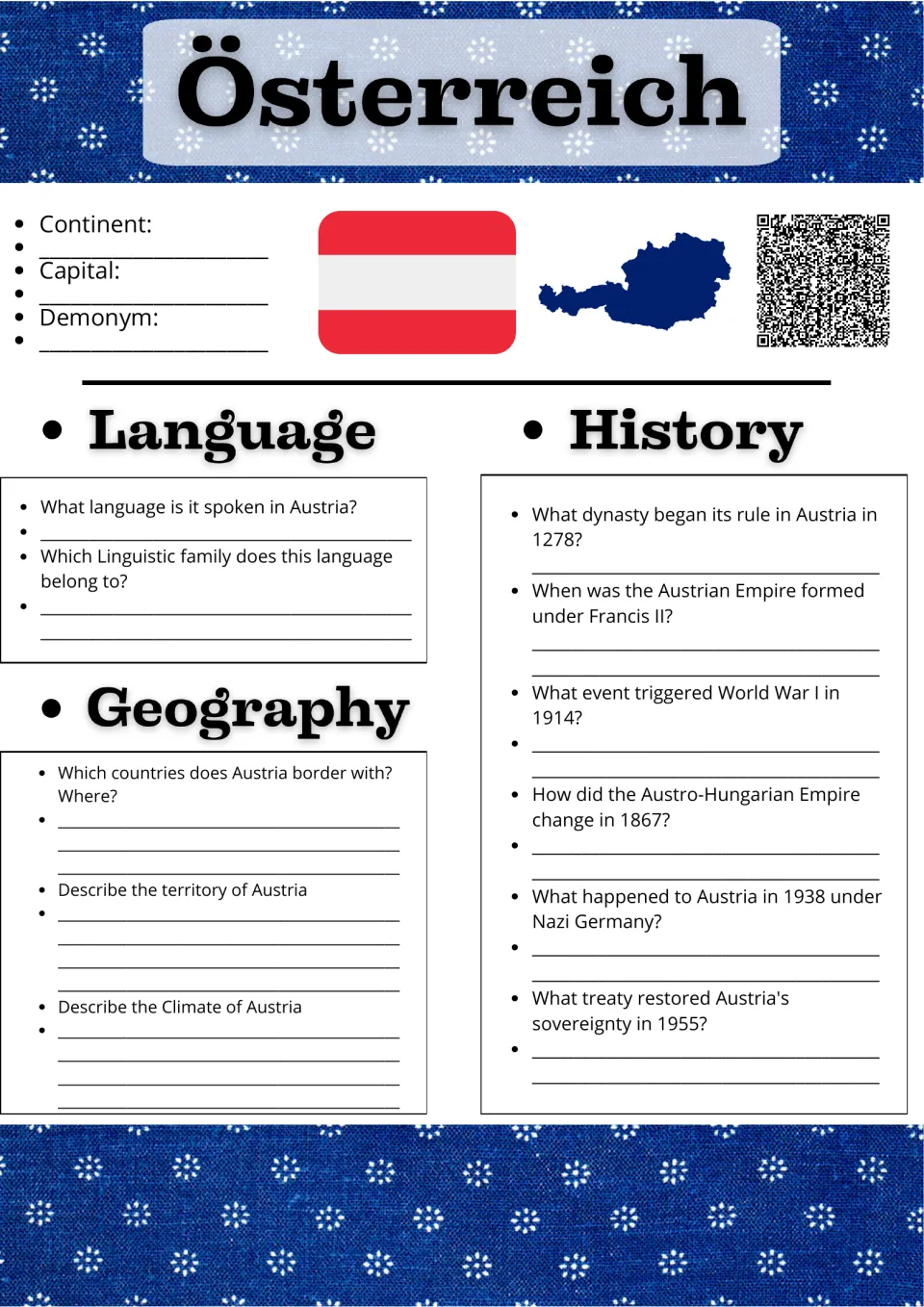Österreich country study: students note Austria's capital and continent, answer language, geography and history questions