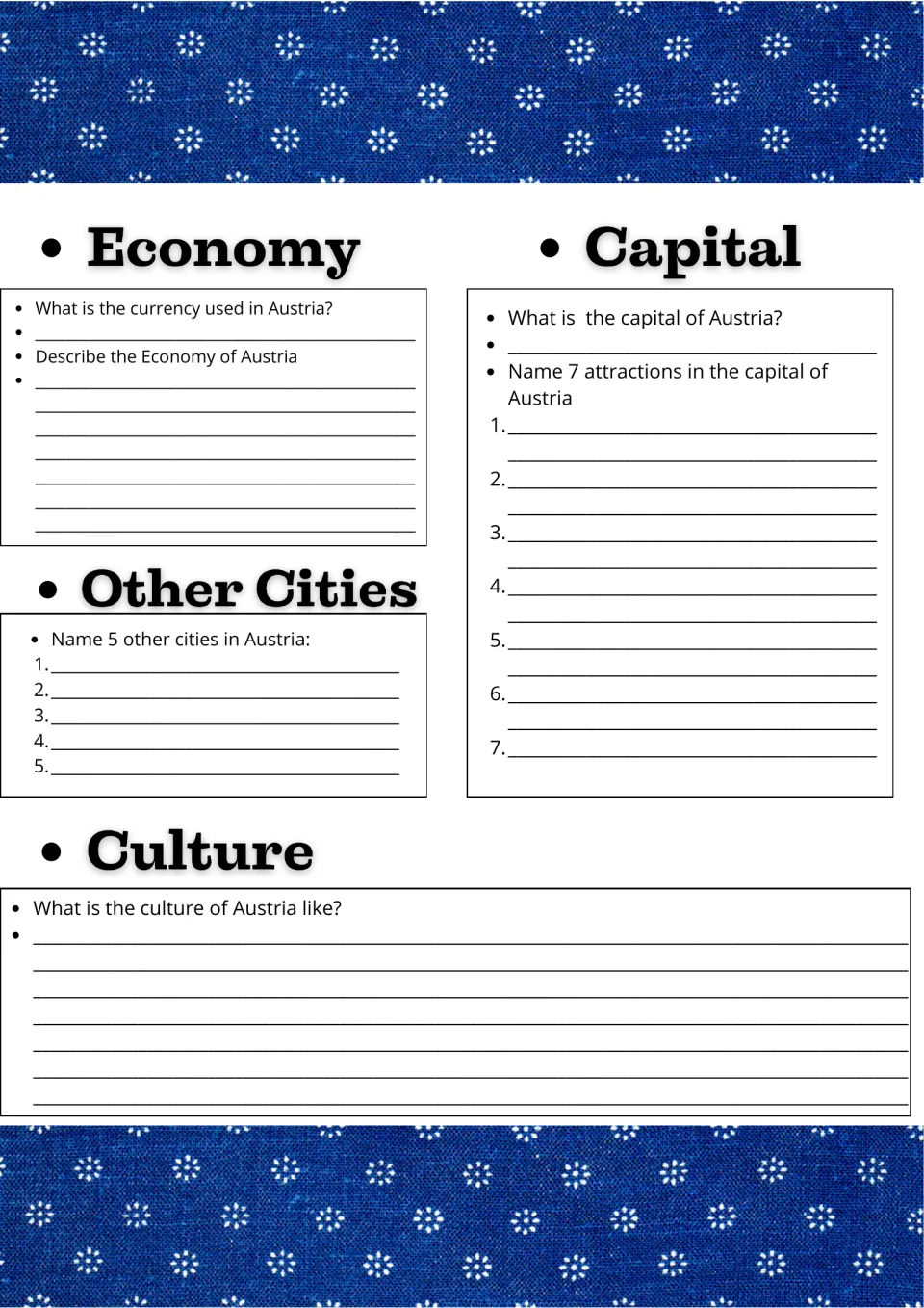 Austria economy and capital: students name the currency, 5 more cities and 7 capital attractions, then describe the culture
