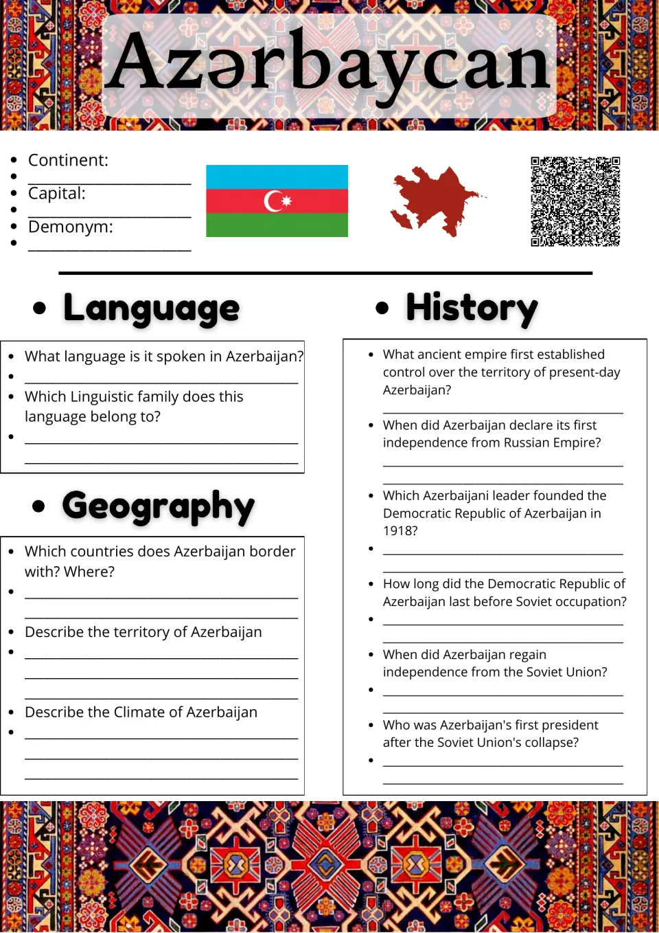 Azerbaijan country study: students fill in capital and demonym, then answer language, geography and history questions