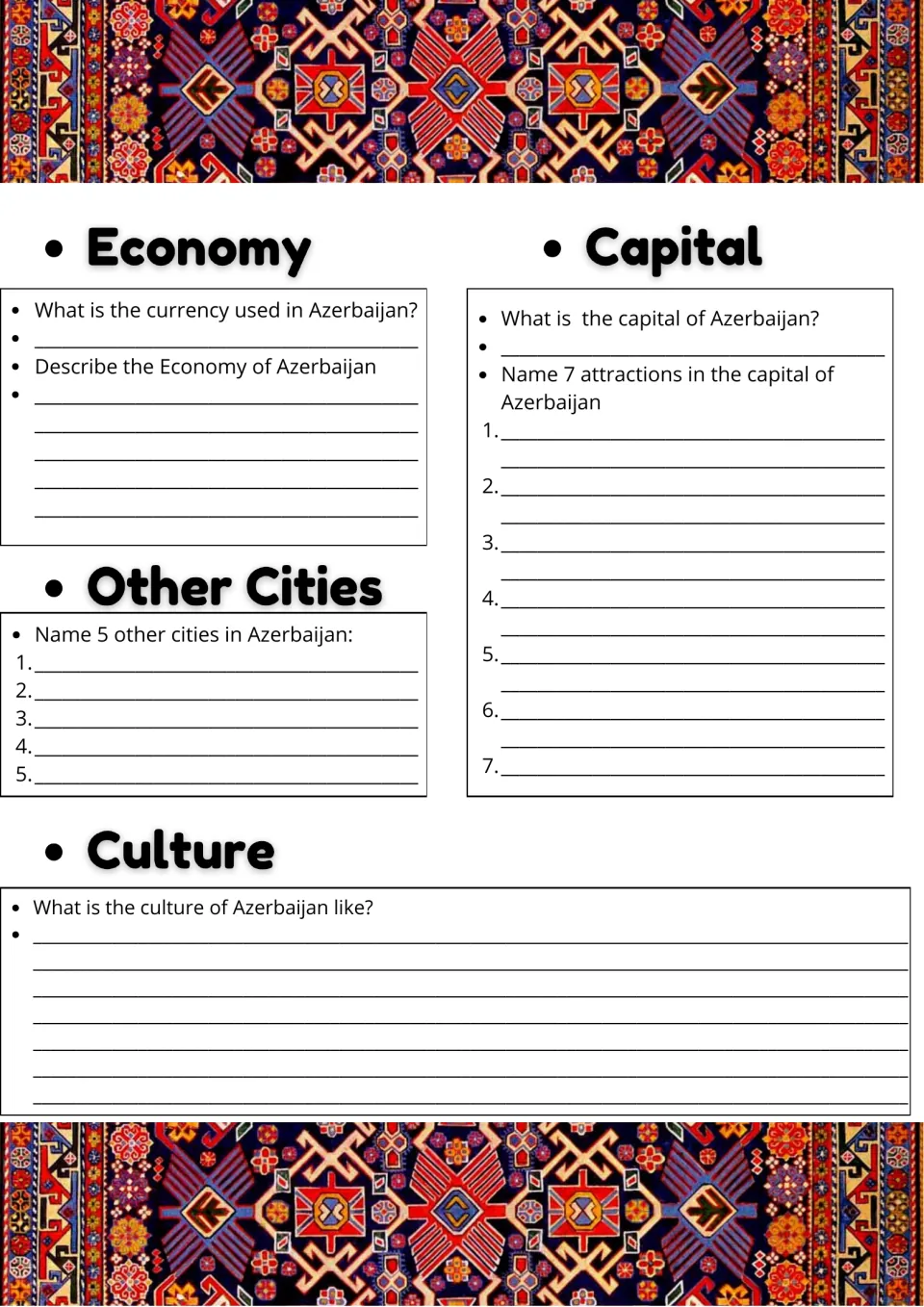 Azerbaijan economy and culture: students name the currency, 7 capital attractions and 5 cities, then describe culture