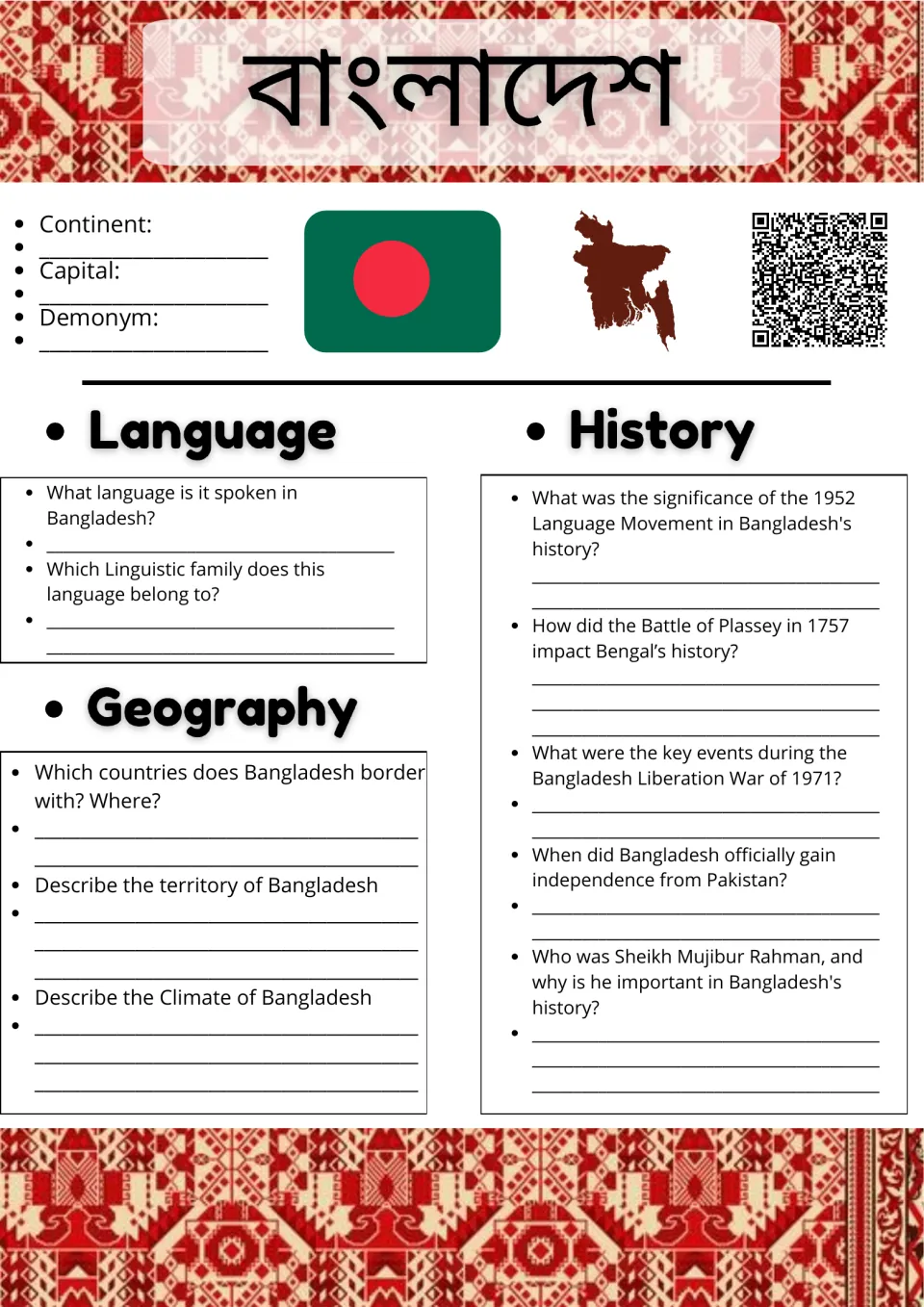 Bangladesh research sheet: students note continent and capital, then answer language, geography and 1971 history questions