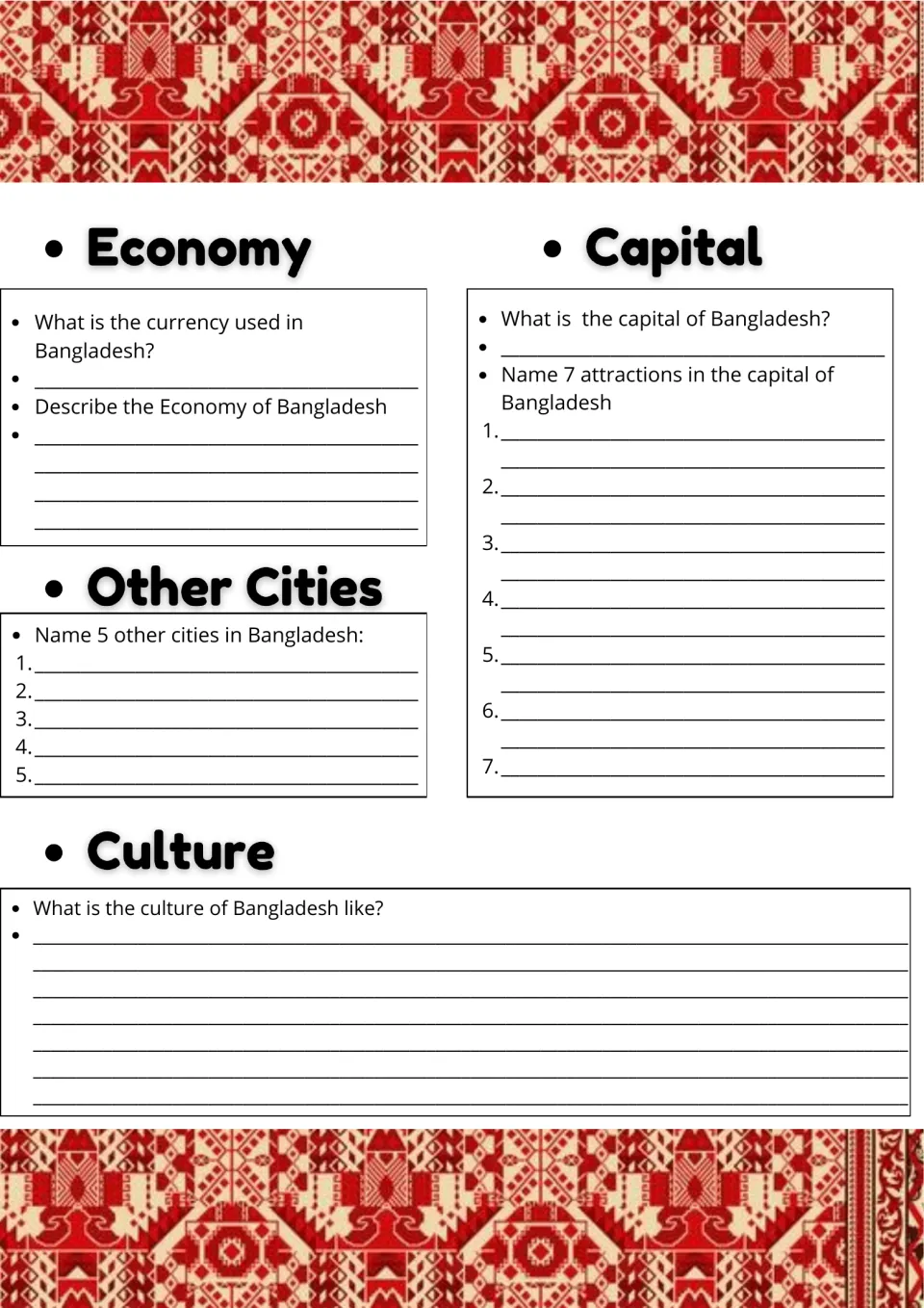 Bangladesh economy, capital and culture: students name the currency, 5 other cities and 7 capital attractions