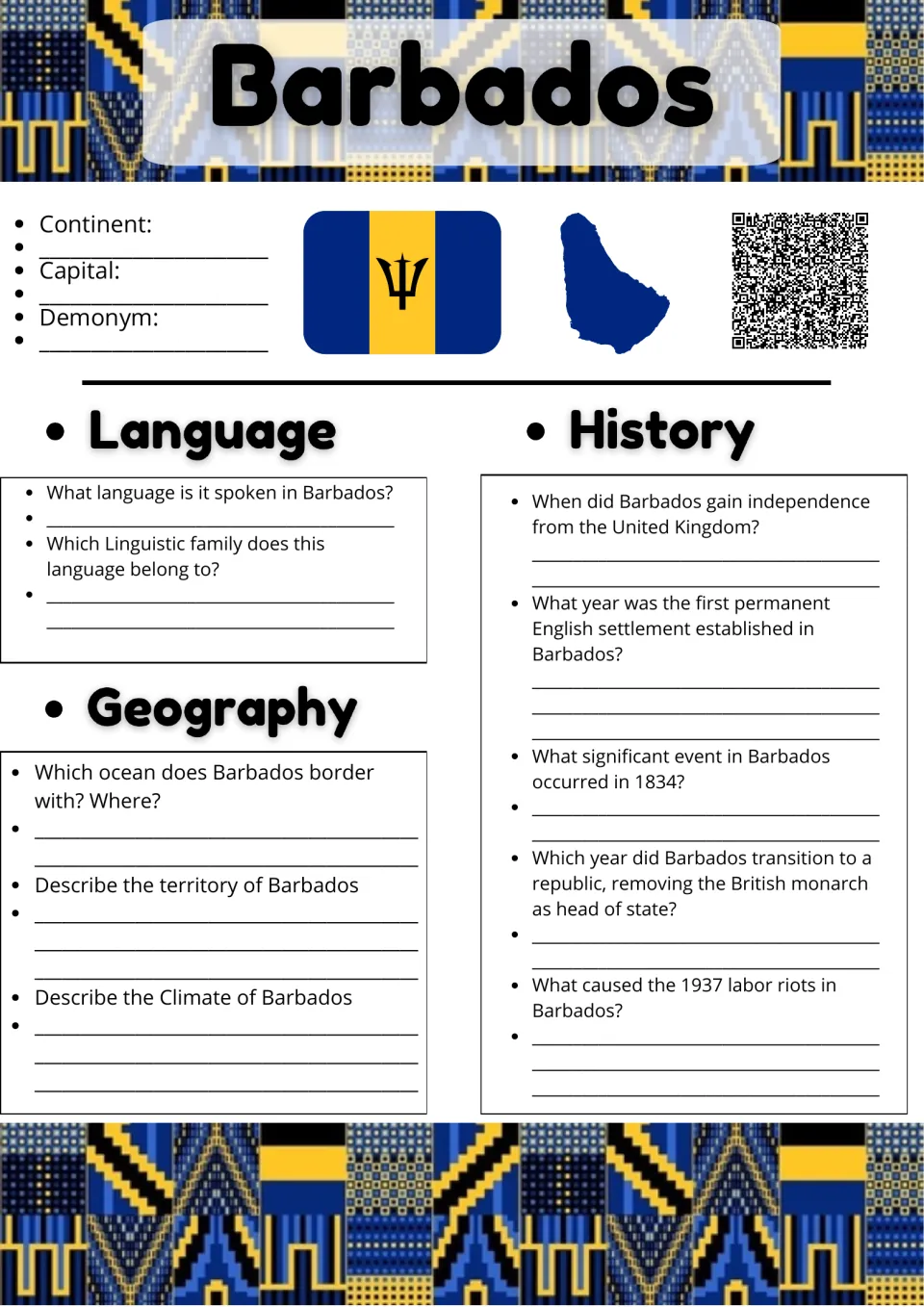 Barbados facts: students record continent, capital and demonym, then answer language, geography and history questions