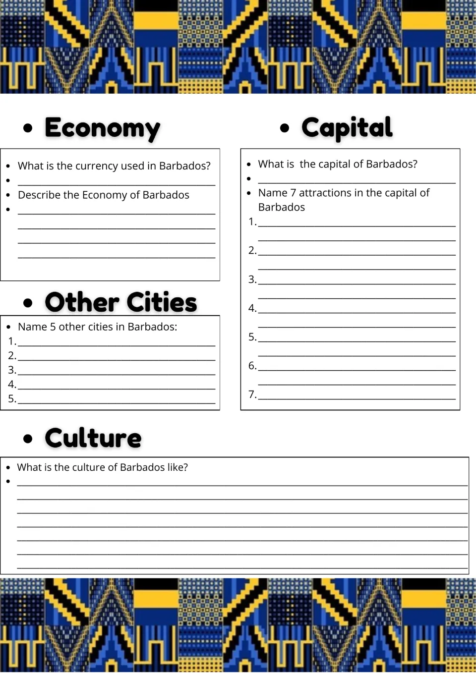 Barbados economy and capital: students name the currency, 5 other cities and 7 capital attractions, and describe culture