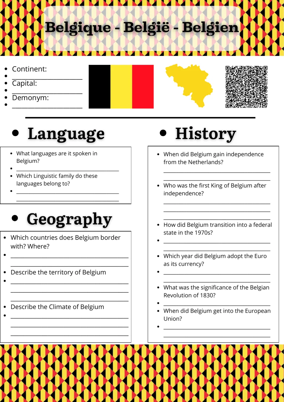 Belgium country study: students note continent and capital, then answer language, geography and history questions