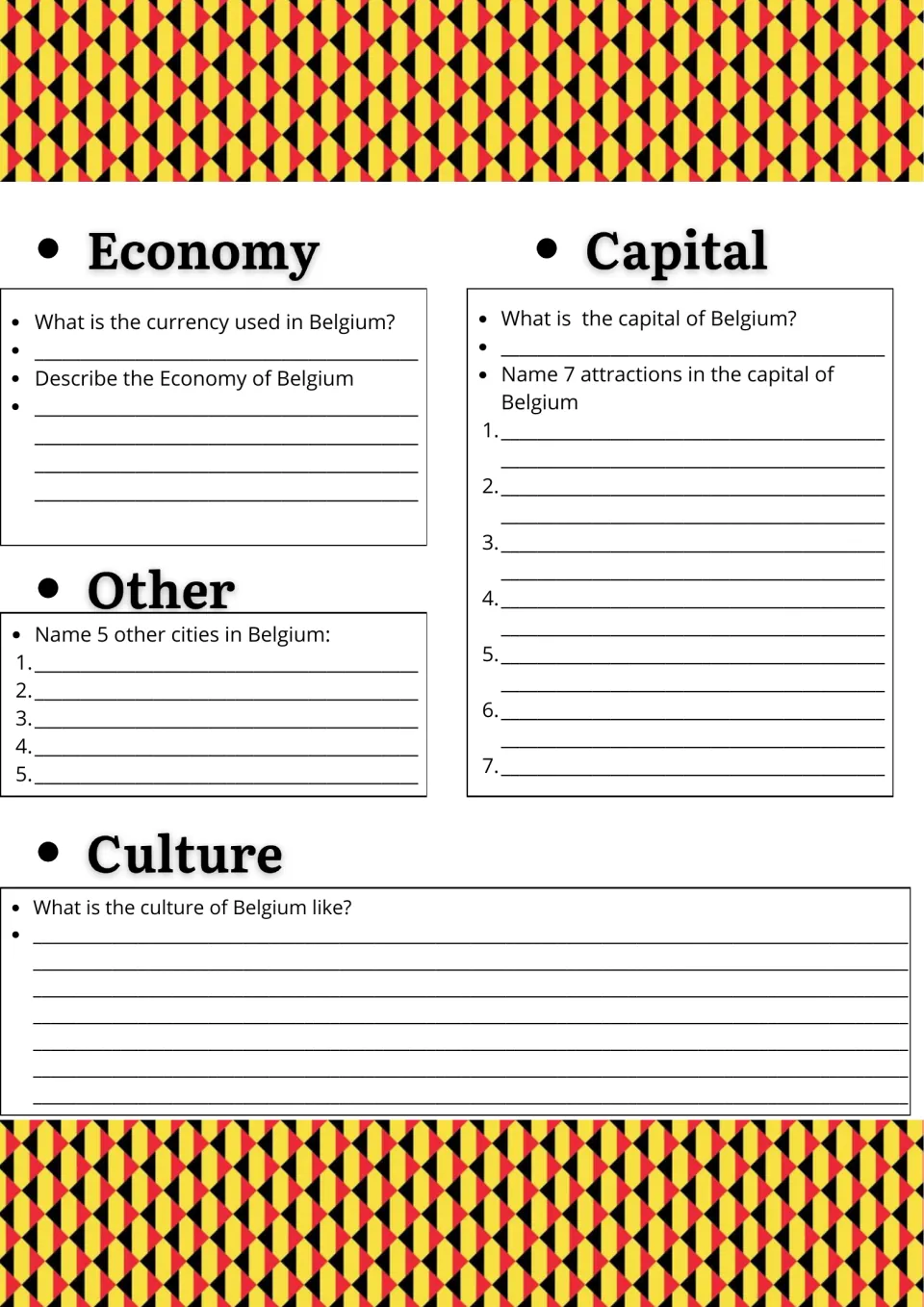 Belgium economy, capital and culture: students name the currency, 7 capital attractions and 5 other cities