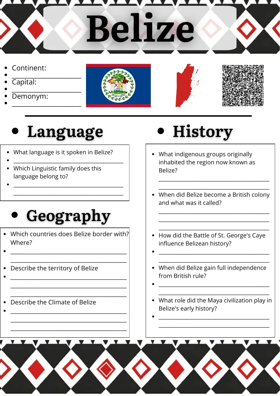 Belize country study, page 1: basic facts and questions about language, geography, Maya history, and independence.