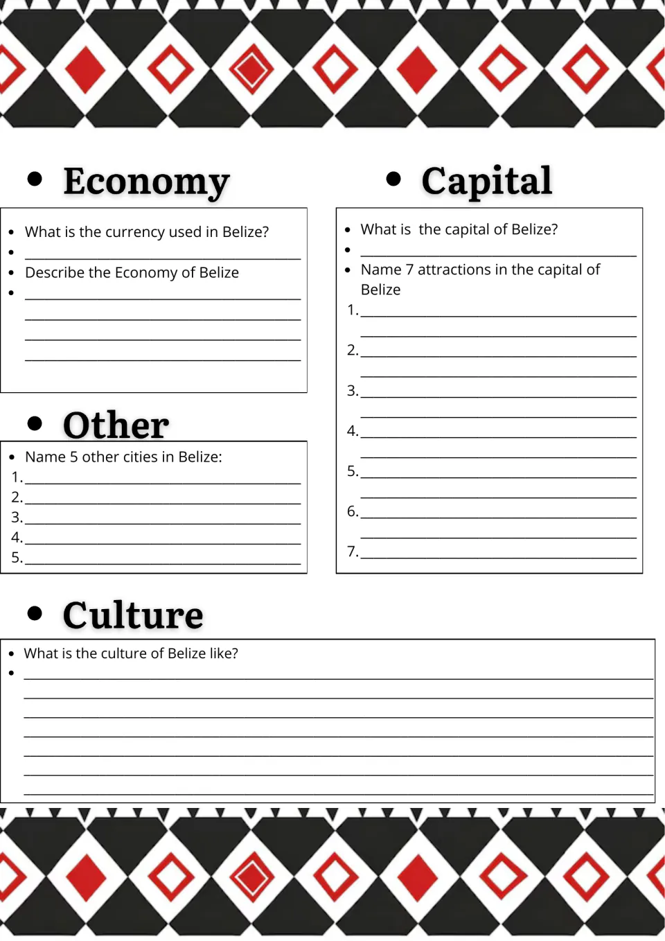 Belize country study, page 2: questions on currency, economy, capital attractions, other cities, and culture.