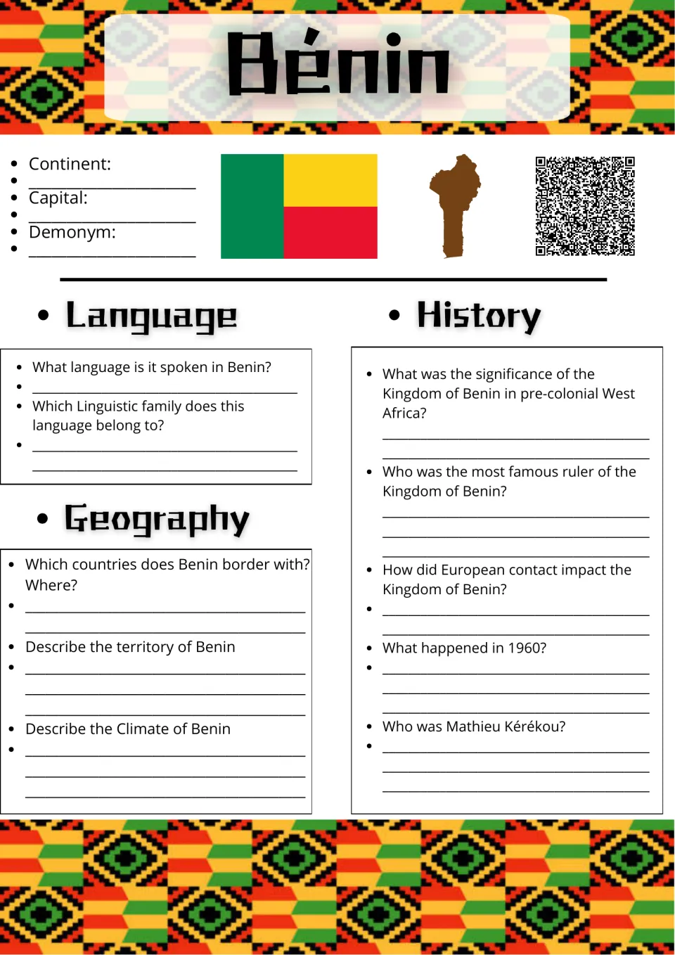 Benin country profile: students note continent, capital and demonym, then answer language, geography and history questions