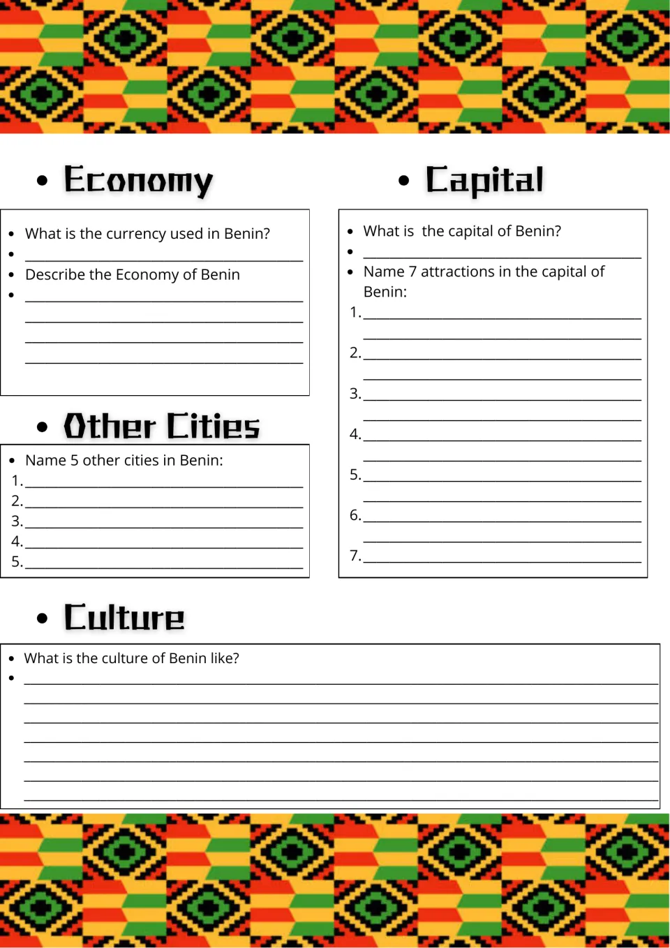 Benin economy and culture: students name the currency, 5 other cities and 7 capital attractions, then describe the culture