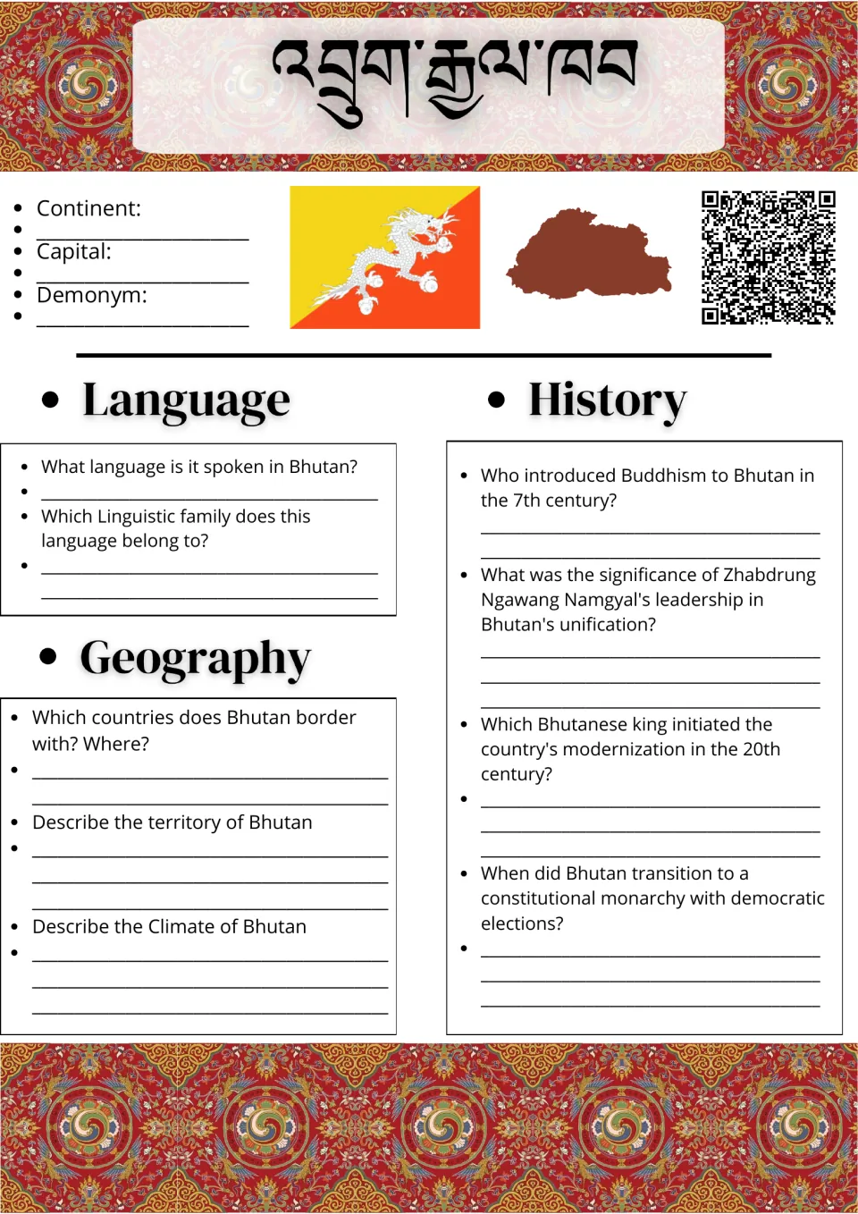 Bhutan country study: students note the continent and capital, then answer language, geography and history questions