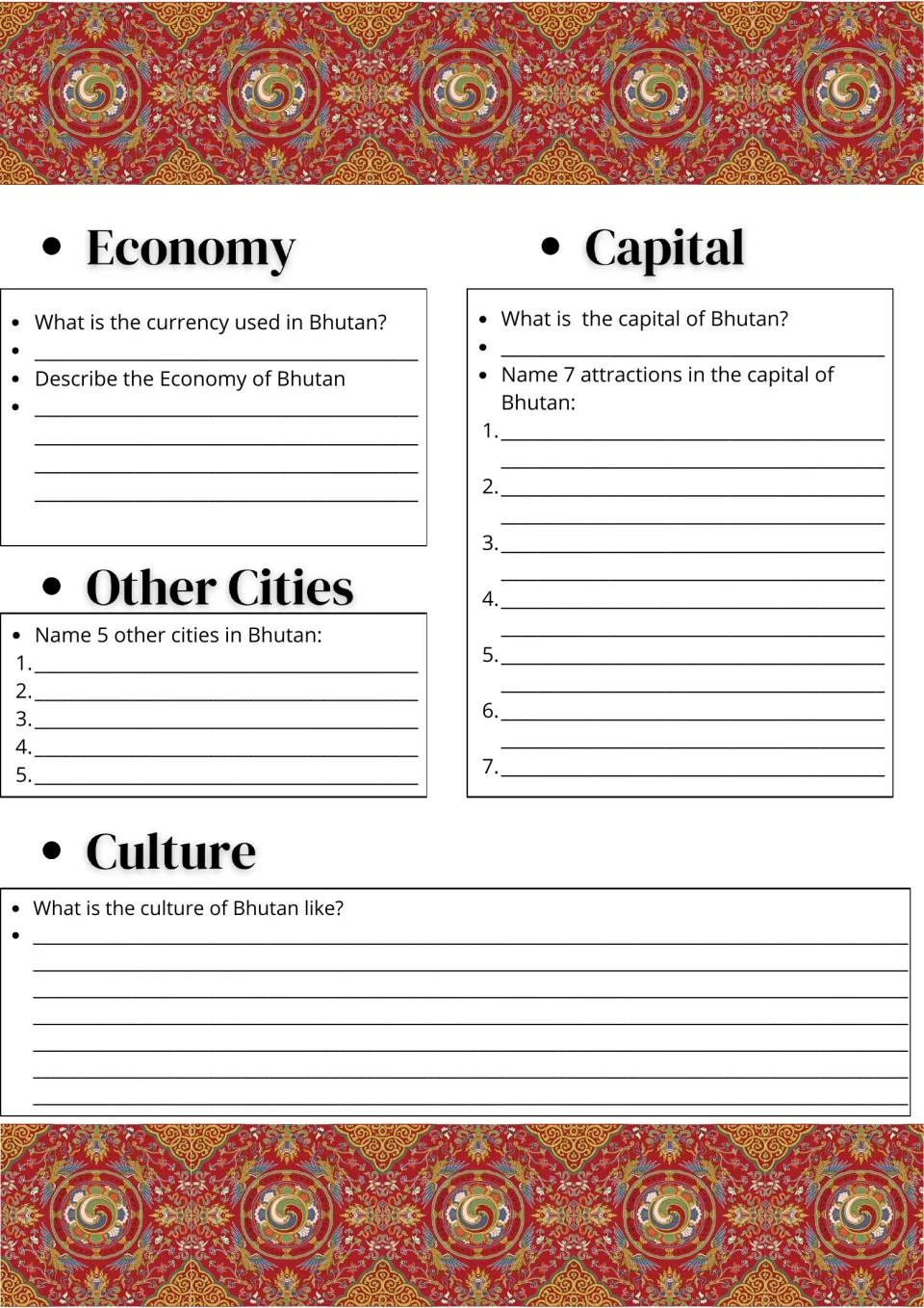 Bhutan economy, capital and culture: students name the currency, 5 other cities and 7 attractions in the capital