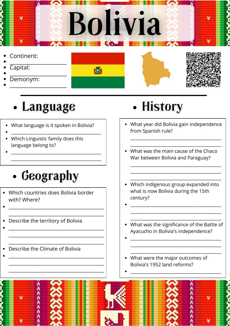 Bolivia country study: students fill in capital and demonym, then answer language, geography and history questions