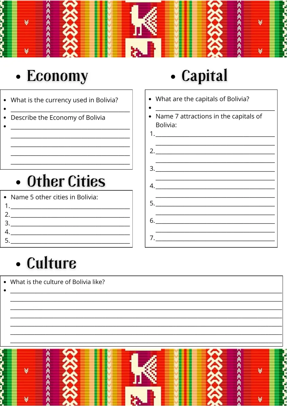 Bolivia economy, capitals and culture: students name the currency, 7 capital attractions and 5 other cities