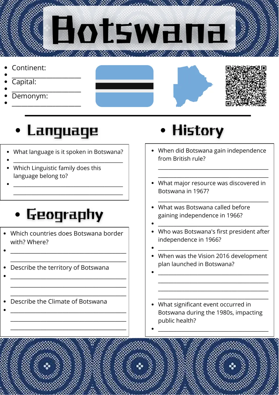 Botswana country study, page 1: questions on continent, capital, demonym, language, geography, and history.