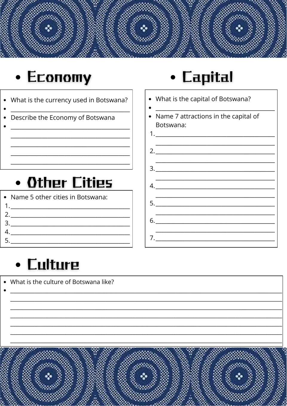 Botswana country study, page 2: questions on currency, economy, capital attractions, other cities, and culture.