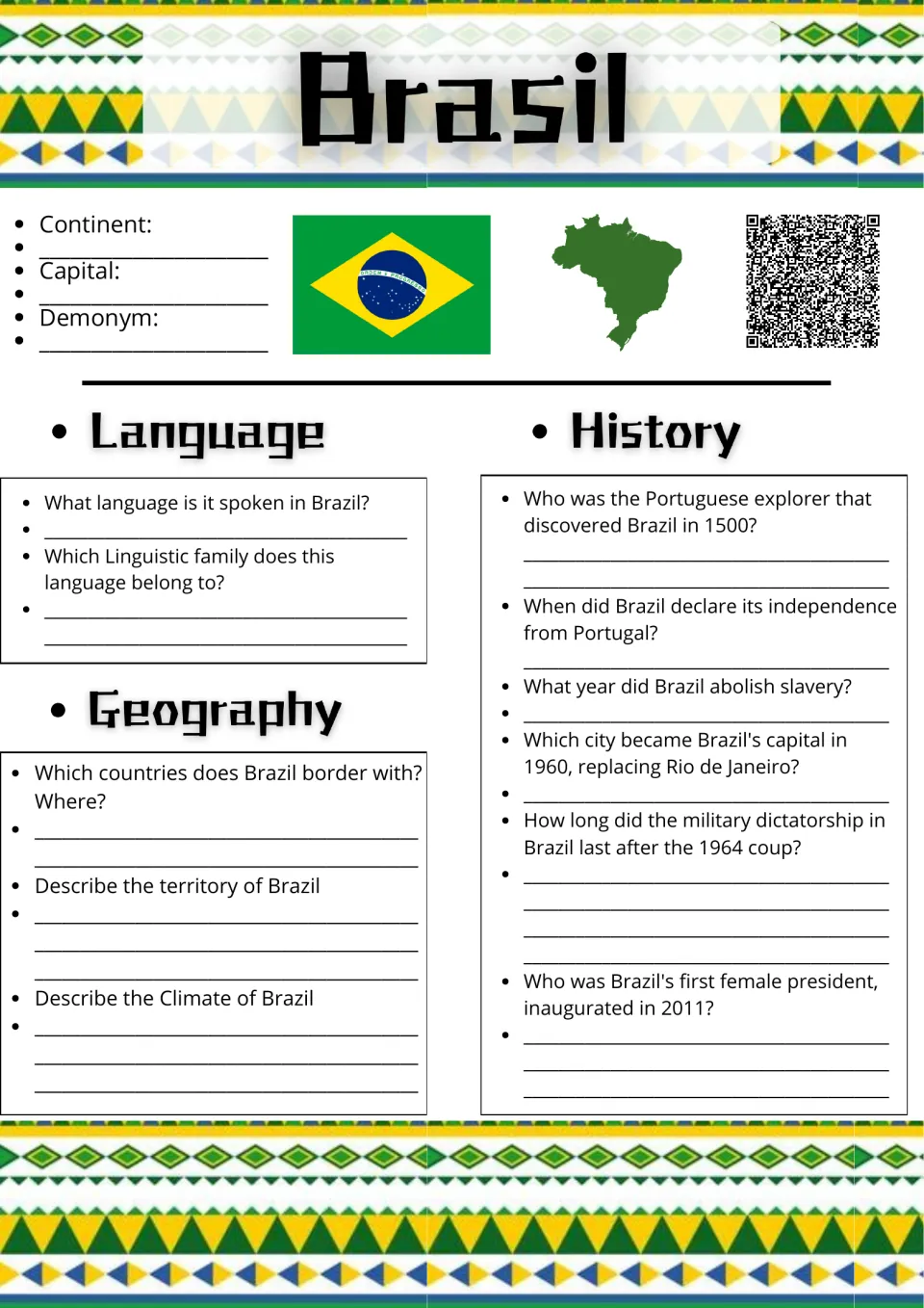 Brasil country study: students note capital and demonym, then answer language, geography and history questions
