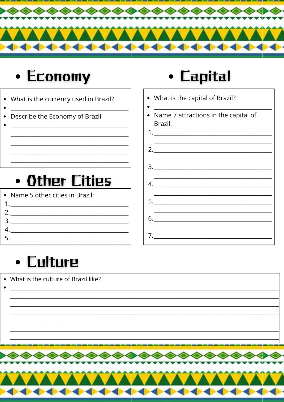 Brazil economy, capital and culture: students name the currency, 7 capital attractions and 5 other cities