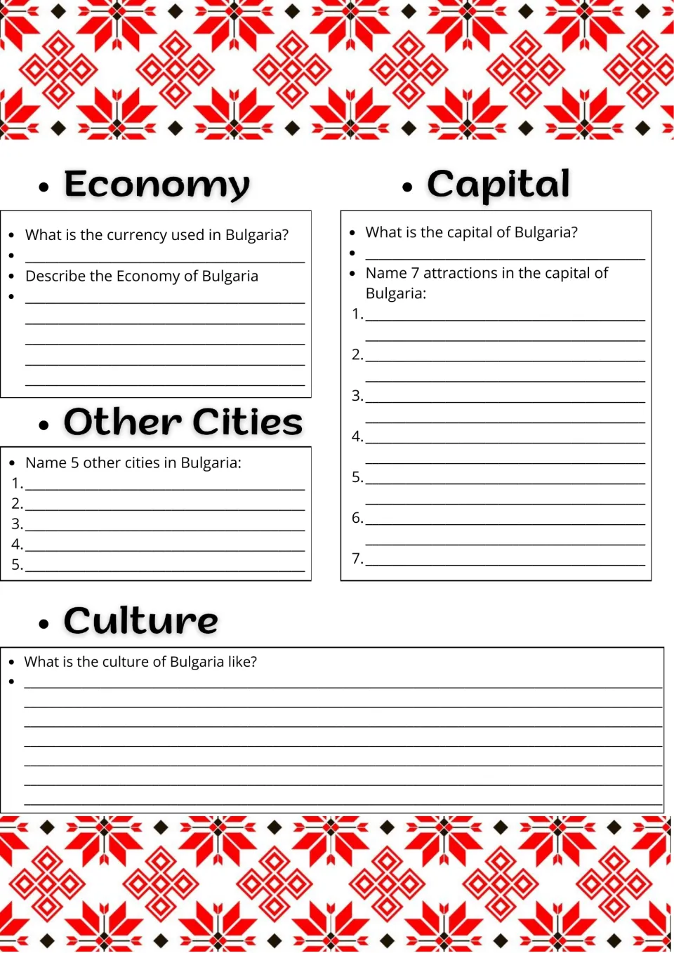 Bulgaria economy and culture: students name the currency, the capital and 7 of its attractions, plus 5 other cities